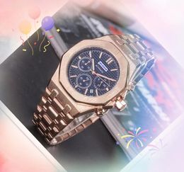 Sub Dial Work Automatic Date Men Stopwatch Watches Luxury Mens Diamonds Ring Quartz Movement Clock Moon Star Super Bright Popular President Watch Gifts