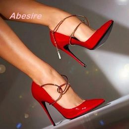 Dress Shoes Red Patent Leather Pumps Pointy Toe Shallow Metal Decor Stiletto Heels Women's Solid Summer 2024 Elegant Party