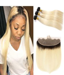Ombre Color 1B 613 Straight 3 Bundles With 13x4 Lace Frontal Dark Roots Blonde Human Hair Weaves Frontal and Bundles for Black Wom1092136
