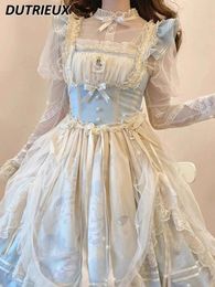 Casual Dresses Blue Japanese Lolita A- Line Sweet Cute Dress JSK Heavy Industry Stand Collar Long Sleeve Fitted Waist Bubble Princess