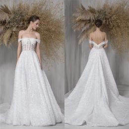 2024 Lace Wedding Dresses Off Shoulder Appliques Crystal Bridal Gowns Sexy Backless Sweep Train A Line Wedding Dress