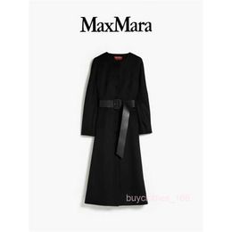 Women's Coat Cashmere Coat Designer Fashion Coat MaxMaras Womens Sheep Wool Round Neck Leather Belt Coat Black