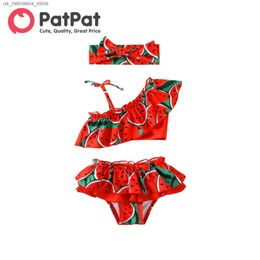 One-Pieces 3-piece baby girl water melon printed pleated decorative swimsuit set Q240418