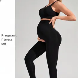 Active Sets Seamless Yoga Set Pregnant Woman Abdomen Bare Bra Maternity Two Piece Workout Fitness Tracksuit Gym Sports Push Up Leggings