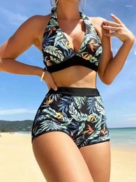 Women's Swimwear Bikini Sets V Neck Tropical Leaf Print High Waisted Two Pieces Swimsuit With Shorts Bathing Suits Vintage Trunk