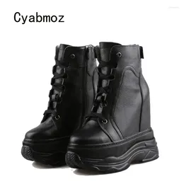 Dress Shoes Cyabmoz Women Ankle Boots Genuine Leather Height Increasing Platform Hidden High Heels Party Ladies Casual Sneakers