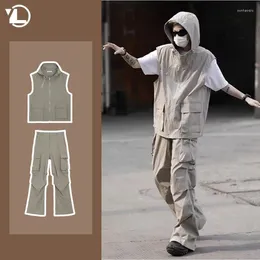 Men's Tracksuits Summer Casual Sleeveless Set Men Hip Hop Loose Hooded Vest Pockets Straight Leg Cargo Pants 2-piece Outdoors Sports Camp