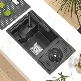 Kitchen Sink Black Nano 304 Stainless Steel Hidden Wash Basin Small Size Bar Sink with Cup Washer Above Counter Apron Front for Home