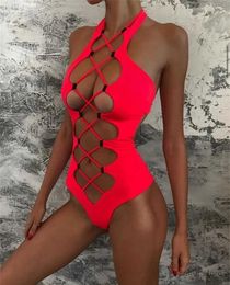 Women's Swimwear Hollow Out Swimwear Women 2022 High Neck Solid Black Cut Out Backless Monokini Bandage Bathing Suit Holiday One Piece Swimsuit