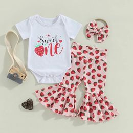 Clothing Sets Sweet One Birthday Outfit Girl Short Sleeve Crew Neck Romper Strawberry Print Flare Pants Baby Summer Clothes 3Pcs