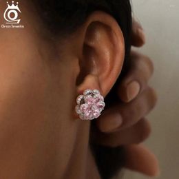 Stud Earrings ORSA JEWELS Brilliant Pink Flower Earring 925 Sterling Silver Rotatable 5A Zirconia Jewelry For Women LME03