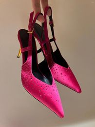 Sandals Casual Lady Summer Women Shoes Pink Satin Rhinestone Crystal High Heels Slingback Prom Evening Zapatos Mujer