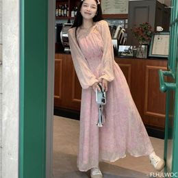 Casual Dresses Temperament Long Maxi 2024 Autumn Women Cute Sweet Holiday Date Girls Romantic Hollow Out Floral Print Pink Dress