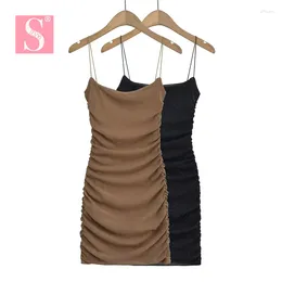 Casual Dresses STVY Women Sexy Sheath Bodycon Summer Dress Silver Silk Spaghetti Strap Elastic Fold Mini For Club Female