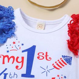 Clothing Sets 4th Of July Baby Girls Outfits Letter Print Lace Sleeve Rompers Bowknot Ruffles Stars Shorts Headband 3Pcs Clothes Set