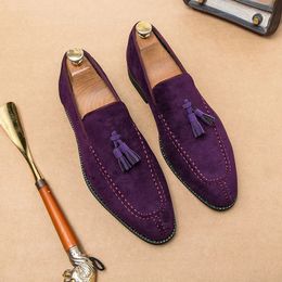 Brand Design Men Suede Leather Shoes Moccasins Purple Tassel Pointed Mens Loafers Vintage Slipon Casual Social Dress Shoe 240410