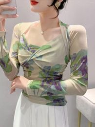 Women's T Shirts Autumn Sweet Printed Mesh Shirt Women Full Sleeve Floral Tees Tops FF0900