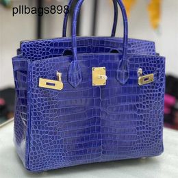 Designer Handmade 7a Handbag Bikns Genuine Leather High gloss Bay Crocodile Skin 30 with Leather Light Luxury Electric Light Blue Leather0UON