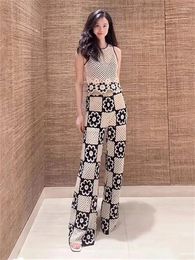 Women's Two Piece Pants Crochet Floral Plaid Set Women Round Neck Sleeveless Vest Or Straight Wide Leg Long Suit 2024 Spring