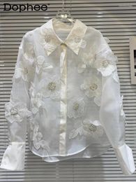 Women's Blouses French Style Sequined 3D Flower Temperament Mesh Shirt For Women 2024 Spring Autumn Lapel Bead Long Sleeve White Blouse