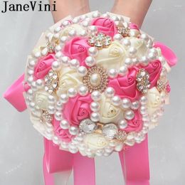 Wedding Flowers JaneVini Pink Satin Rose Bride Flower Bouquet Pearls Crystal Bridal Bouquets Beaded Girls Bridesmaid De Marie