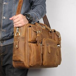 Briefcases Men Vintage Crazy Horse Leather Briefcase 15.6" Real Business Bag Cow Laptop Messenger Big Work Tote