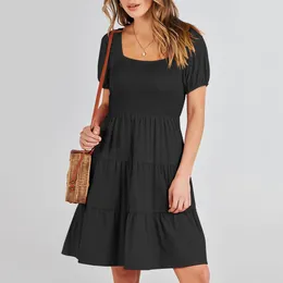 Casual Dresses Summer Women's Beach Dress Solid Color Short Sleeve Cotton Square Neck Evening Plus Size Mini Sundress 2024 Trend Vestidos