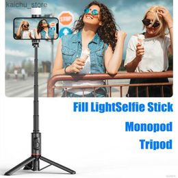 Selfie Monopods Roreta 2023 New Foldable Wireless Bluetooth Selfie Stick Tripod With Bluetooth Shutter Fill Light Aluminium Alloy Monopod Y240418