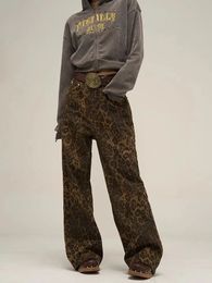 WCFCX STUDIO Tan Leopard Jeans Women Denim Pants Female Wide Leg Trousers Streetwear Hip Hop Vintage Clothes Loose Casual Pants 240409