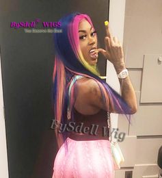 sexy web celebrity asiandoll blue highlight mint green purple color hairstyle wig synthetic long Straight hair lace front wigs6891900