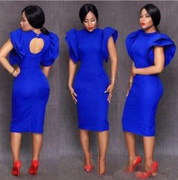 tea length Royal Blue Cocktail Dresses 2019 robe de bal courte Cap Sleeve Aso Ebi Style Short High Neck african formal Prom Gowns4540498