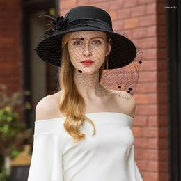 Berets Lady Fedoras Hat Girls Wide Brim Wool Veil Hats Dome Party Cap Design Woolen Fashion Elegant Adjust A10