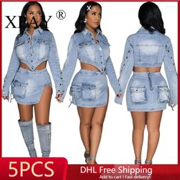 Work Dresses 5pcs Wholesale Bulk Items Lots Button Zipper Lace Up Cargo Pocket Denim Skirt Set 2024 Summer Fashion Sexy Dress Sets Y2k