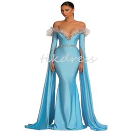 Kaftan Morrocan Blue Prom Dresses With Sleeves Off Shoulders Rhinestone Mermaid Evening Gowns Dubai Abayas Formal Dress 2024 Gorgeous Birthday Vestios De Galas