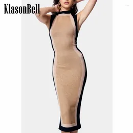 Casual Dresses 1.3 KlasonBell Fashion Contrast Color Striped O-Neck Sleeveless Tank Dress Women Bright Silk Knit Slim Pencil Midi