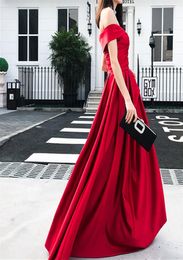 Sexy Off Shoulder Red Evening Dresses Satin Long Prom Dress Pleats Sweep Train Sexy Evening Gowns Party Wear Top Quality9450606