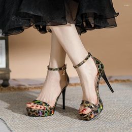 Sandals Leopard Print Summer For Women In 2024 One Line Buckle With Thin Heels Sexy French Size 12 CM High