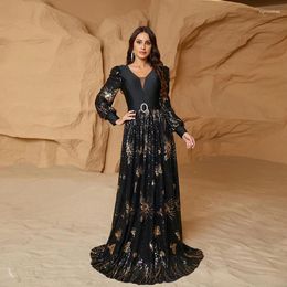 Casual Dresses Women Elegant Party Dress Long Sleeve V Neck Backless Black Sequined Formal Occasion Evening Wedding Prom Cocktail Maxi