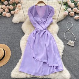 Casual Dresses Slim Waist Notched Neck Long Irregular Bandage Dress Summer Party Women Robe Ete Asymmetrical Elegant Tunic Vestidos