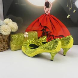 Dress Shoes BaoYaFang 2024 Arrival Lemon Yellow Crystal Bridal Wedding And Bag Female Ladies Party Thin High Pumps