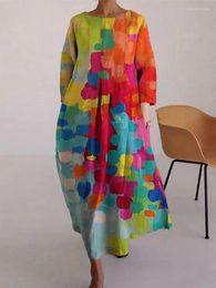 Casual Dresses Yeezzi 2024 Spring Autumn Female Colourful Contrast Colour Printed Dress Long Sleeve Round-Neck Vacation Midi