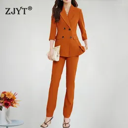 Women's Two Piece Pants ZJYT Double Breasted Blazer Suits Pant Sets 2 Women Three Quarter Sleeve Jacket Trousers Set White Outfit Spring