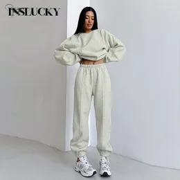 Women's Two Piece Pants InsLucky Casual Sports Daily Suit Women O Neck Long Sleeve Crop Top And High Sweatpants Solid Gray Set Autumn