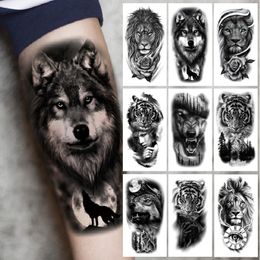 Upper Arm Sleeve Tattoo Crown Lion Tiger Wolf Head Waterproof Temporary Stickers Body Art Fake For Women Men 240408