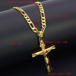 Real 24k Yellow Solid Fine Big Pendant 18ct THAI BAHT G F Gold Jesus Cross Crucifix Charm 55 35mm Figaro Chain Necklace316F