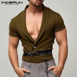 Men's Casual Shirts Summer Men INCERUN Fashion Short Sleeve Tops Clothing Streetwear Stripe Shirt S-5XL Button V Neck 2024