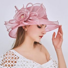 Summer Organza Wide Brim Sunscreen Derby Hats For Women Elegant Flower Sun Hat Church Wedding Party Foldable Beach Cap 240416