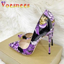 Dress Shoes Voesnees Fashion Models 12CM Super High Heels 2024 Purple Flowers Party Large Size 43 Sexy Pointed Toe Women's Pumps