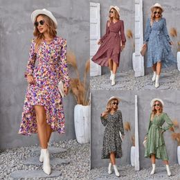 Casual Dresses Women Printing Dress V-neck Petal Long Sleeve Skirt Street Style Waist Irregular High Slit