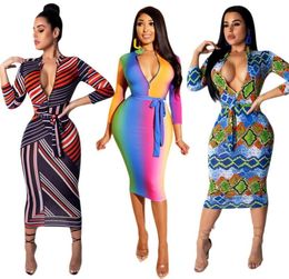 Multi Print Midi Beach Dresses Zipper Sashes Women Sexy Turtle Neck 34 Sleeve Bodycon Party Dresses Striped Rainbow Python Skin P3230562